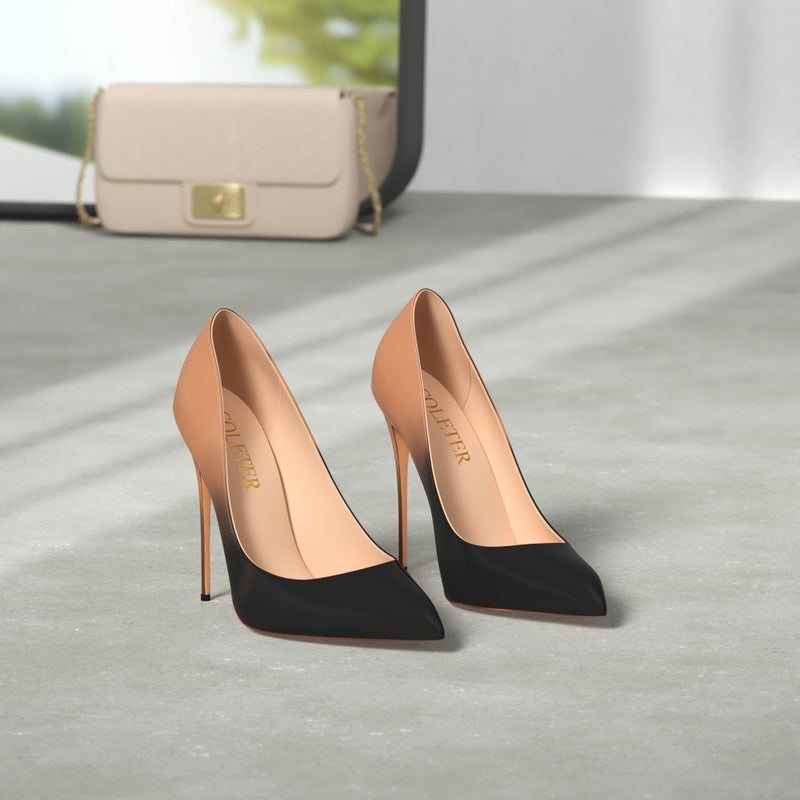 COLETER Pointy Toe Pumps for Women,Patent Gradient Animal Print High Heels Usual Dress Shoes Nude Black 10cm-NB 7.5 US - Image 2